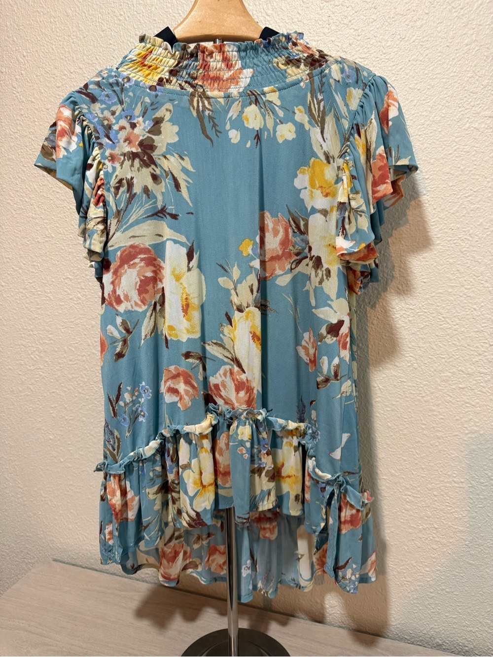 Smocked Neck Blue Floral Ruffle Blouse